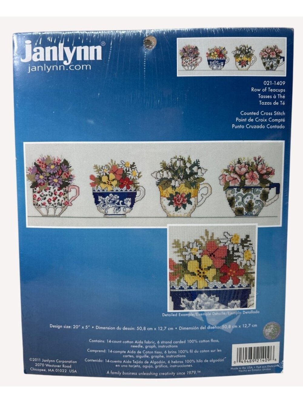 Janlynn Row of Teacups Counted Cross Stitch Kit 021-1409 Tea cup flowers